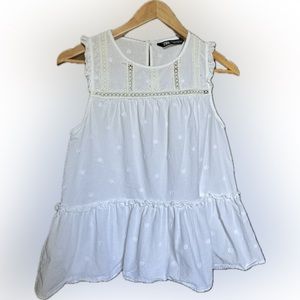 Zara Sleeveless White Ruffled Polka Dot Peplum Blouse Size M
